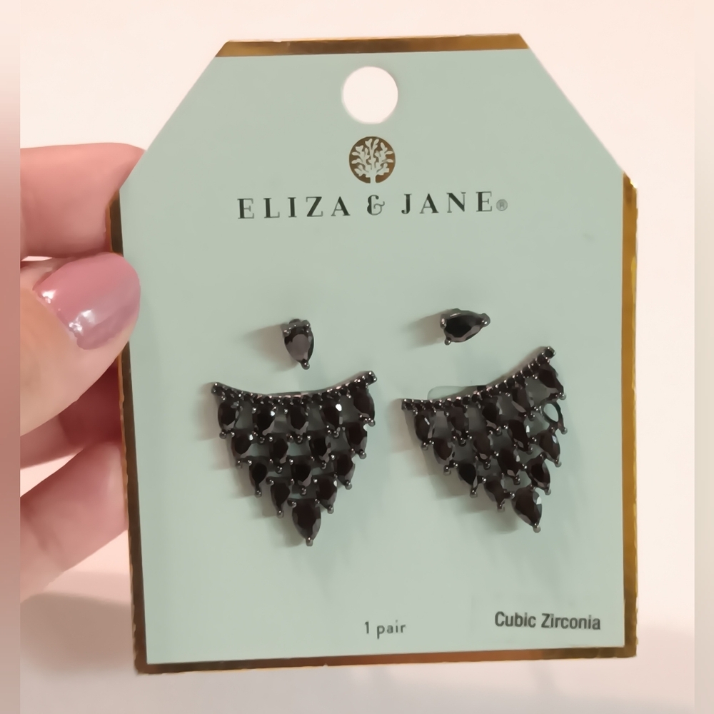 ELIZA & JANE 2 Styles on One Cubic Zirconia Black Earrings.